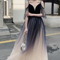 Blue Spaghetti Strap Gradient Long Ball Gown Evening Dress - Thumbnail 7
