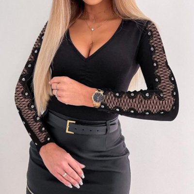 V-neck women's long sleeve splicing black top