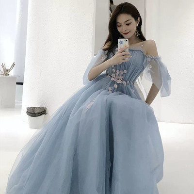 Blue tulle long a-line prom dress blue evening dress - Thumbnail 3