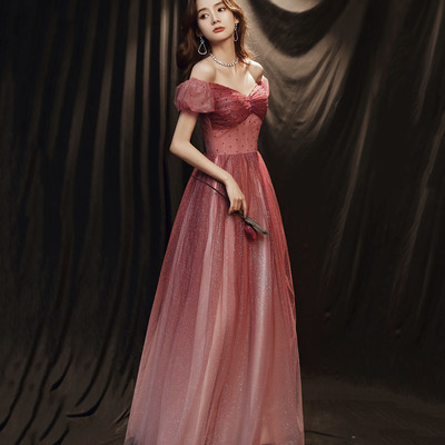 Burgundy tulle sequins long prom dress evening dress - Thumbnail 3