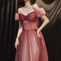 Burgundy tulle sequins long prom dress evening dress - Thumbnail 1