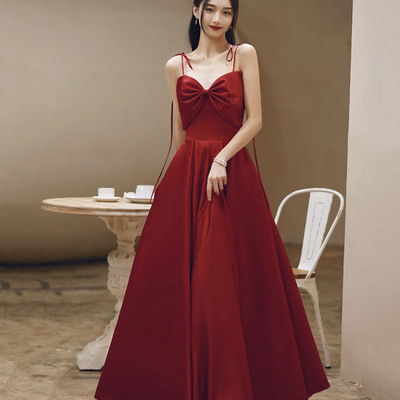 Burgundy satin long prom dress a-line evening dress