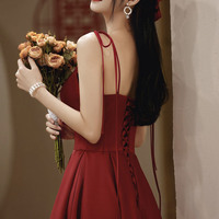 Burgundy satin long prom dress A-line evening dress - Thumbnail 3