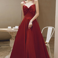 Burgundy satin long prom dress A-line evening dress - Thumbnail 4