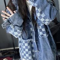 Checkboard Patchwork Pocket Denim Jacket - Thumbnail 3