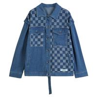 Checkboard Patchwork Pocket Denim Jacket - Thumbnail 4