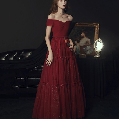 Burgundy tulle off shoulder prom dress evening dress - Thumbnail 2