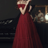 Burgundy tulle off shoulder prom dress evening dress - Thumbnail 1