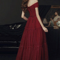 Burgundy tulle off shoulder prom dress evening dress - Thumbnail 2