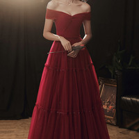 Burgundy tulle off shoulder prom dress evening dress - Thumbnail 3