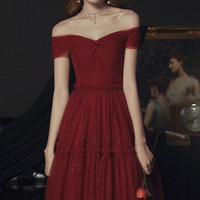 Burgundy tulle off shoulder prom dress evening dress - Thumbnail 5