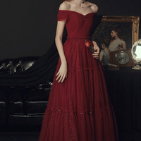 Burgundy tulle off shoulder prom dress evening dress - Thumbnail 4