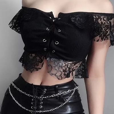 Sexy black goth punk lace mesh hallowout eyelet backless transparent patchwork t-shirt top corset e-girl kawaii korean japanese harajuku streetwear - Thumbnail 5