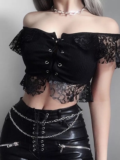 Sexy Black Goth Punk Lace Mesh Hallowout Eyelet Backless Transparent Patchwork T-shirt Top Corset E-Girl Kawaii Korean Japanese Harajuku Streetwear