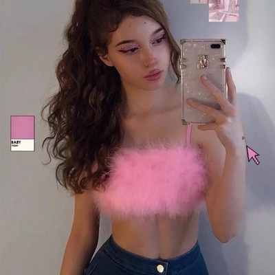 Sexy pink feathers fluffy fur crop top camisole tank sleeveless t-shirt tee shirt e-girl kawaii korean japanese harajuku retro streetwear fashion - Thumbnail 4