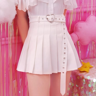 Cute Preppy Summer Pleated Heart Shape Belt High Waist Mini Skirt Bottom E-Girl Kawaii Korean Japanese Harajuku Chinese Retro Streetwear Aesthetic