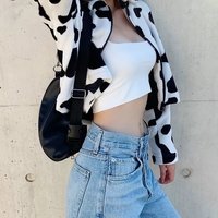 Cute Cow Animal Print Faux Fur Coat Jacket Zipper Sweater Jumper Casual E-Girl Kawaii Korean Japanese Harajuku Chinese Retro Streetwear Aesthetic - Thumbnail 1