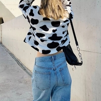 Cute Cow Animal Print Faux Fur Coat Jacket Zipper Sweater Jumper Casual E-Girl Kawaii Korean Japanese Harajuku Chinese Retro Streetwear Aesthetic - Thumbnail 2