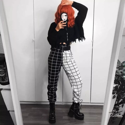Cute Contrast Cargo Pant Loose Waist Plaid Checkered Trouser Jogger E-Girl Kawaii Korean Japanese Harajuku Chinese Retro Streetwear Aesthetic