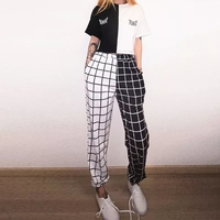 Cute Contrast Cargo Pant Loose Waist Plaid Checkered Trouser Jogger E-Girl Kawaii Korean Japanese Harajuku Chinese Retro Streetwear Aesthetic - Thumbnail 4