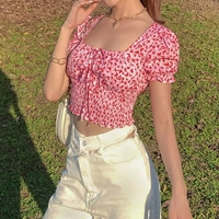 Cute Floral Butterfly Puff Tie Up Crop Top Short Sleeve Shirt Tee T-shirt Kawaii Korean Japanese Harajuku Chinese Retro Streetwear Aesthetic Fashion - Thumbnail 2
