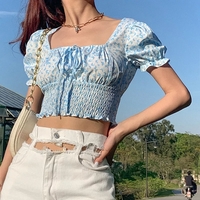 Cute Floral Butterfly Puff Tie Up Crop Top Short Sleeve Shirt Tee T-shirt Kawaii Korean Japanese Harajuku Chinese Retro Streetwear Aesthetic Fashion - Thumbnail 5
