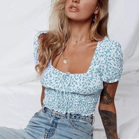Cute Floral Butterfly Puff Tie Up Crop Top Short Sleeve Shirt Tee T-shirt Kawaii Korean Japanese Harajuku Chinese Retro Streetwear Aesthetic Fashion - Thumbnail 7