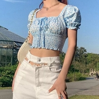Cute Floral Butterfly Puff Tie Up Crop Top Short Sleeve Shirt Tee T-shirt Kawaii Korean Japanese Harajuku Chinese Retro Streetwear Aesthetic Fashion - Thumbnail 6