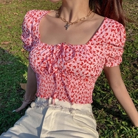 Cute Floral Butterfly Puff Tie Up Crop Top Short Sleeve Shirt Tee T-shirt Kawaii Korean Japanese Harajuku Chinese Retro Streetwear Aesthetic Fashion - Thumbnail 1