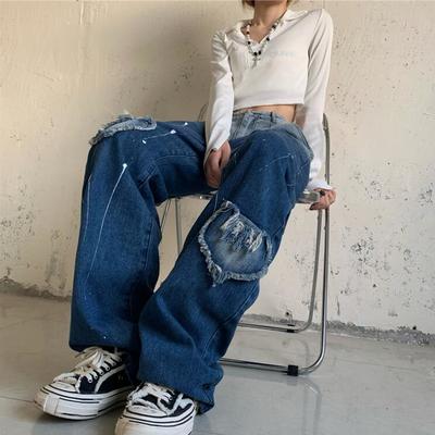 Fringed heart gradient jeans denim pants