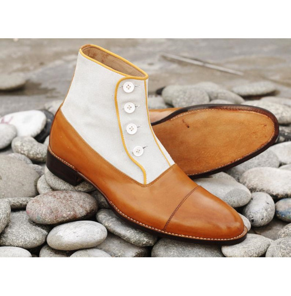 Handmade Two Tone Leather & Suede Cap Toe Button Boots, Men's Ankle Boots