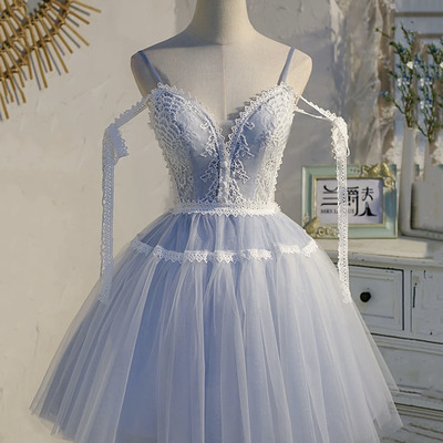 Blue tulle lace short prom dress homecoming dress - Thumbnail 1