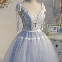 Blue tulle lace short prom dress homecoming dress - Thumbnail 2