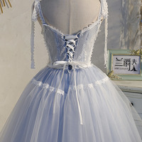 Blue tulle lace short prom dress homecoming dress - Thumbnail 3