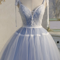 Blue tulle lace short prom dress homecoming dress - Thumbnail 5