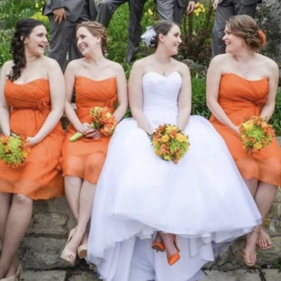 Short empire orange bridesmaid dresses with handmade flowers  - Thumbnail 1