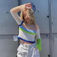 Y2K Color Block Square Collar Long Sleeve Crochet Top - Thumbnail 3