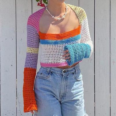 Y2k color block long sleeve hollow out crochet top