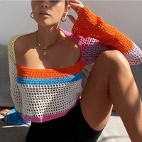 Y2K Color Block Long Sleeve Hollow out Crochet Top - Thumbnail 2