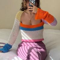 Y2K Color Block Long Sleeve Hollow out Crochet Top - Thumbnail 3