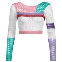 Pastel Purple Color Block Long Sleeve Crochet Top - Thumbnail 1