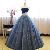 BLUE TULLE LACE LONG BALL GOWN DRESS BLUE EVENING DRESS,1482 - Thumbnail 1