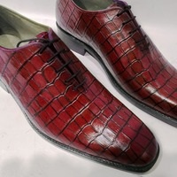 Latest Style Hand Stitch Attractive Red Shoes, Crocodile Skin Leather Wedding Lace Up Shoes - Thumbnail 1