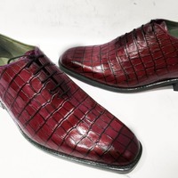 Latest Style Hand Stitch Attractive Red Shoes, Crocodile Skin Leather Wedding Lace Up Shoes - Thumbnail 2