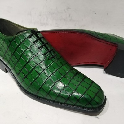 Classic men's hand made green alligator skin leather party wear lace up shoes
