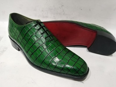 Classic Men's Hand Made Green Alligator Skin Leather Party Wear Lace Up Shoes