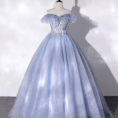 Blue tulle lace long ball gown dress formal dress - Thumbnail 1