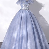 Blue tulle lace long ball gown dress formal dress - Thumbnail 1