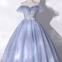 Blue tulle lace long ball gown dress formal dress - Thumbnail 4