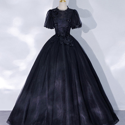 Black tulle lace long ball gown dress formal dress - Thumbnail 2